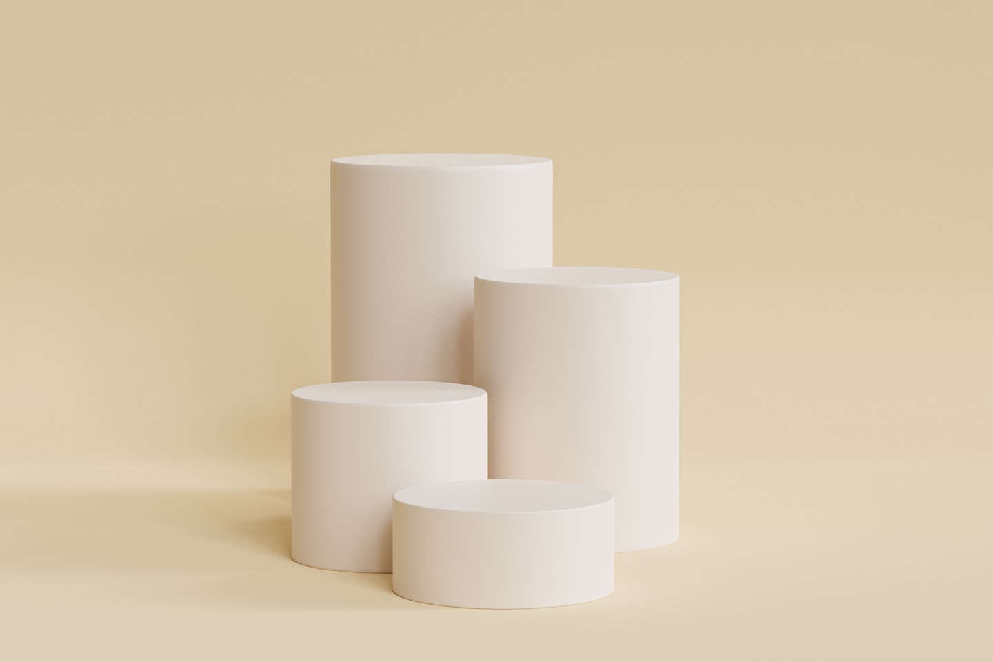 Cylinder shaped podiums or pedestals for products or advertising on beige background, minimal 3d illustration render