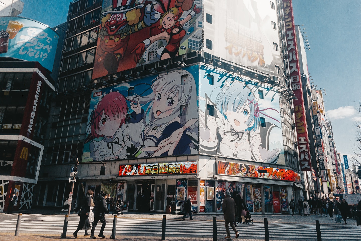 Building with large anime billboards in a city