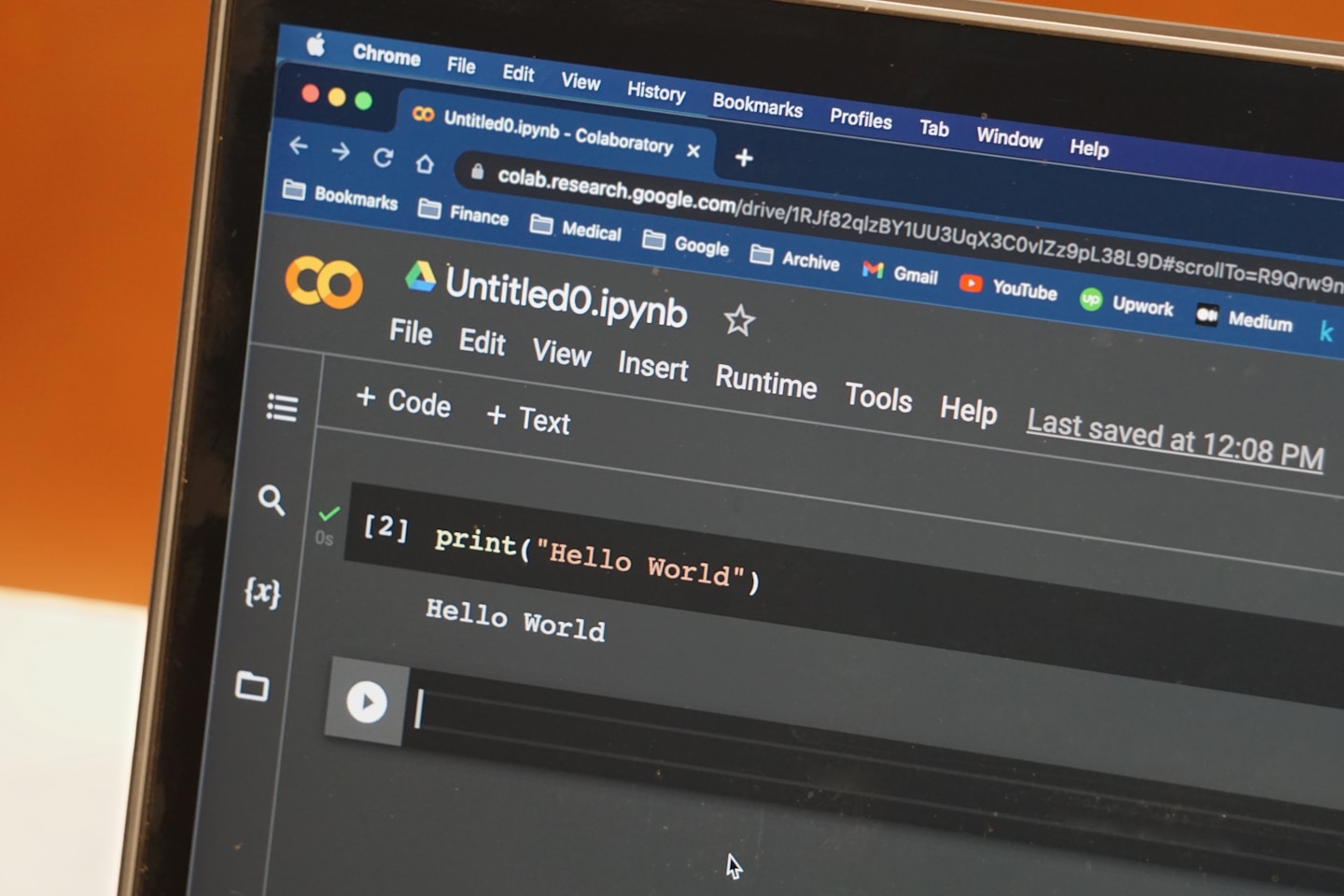 A close up of a coding classic, "Hello World"